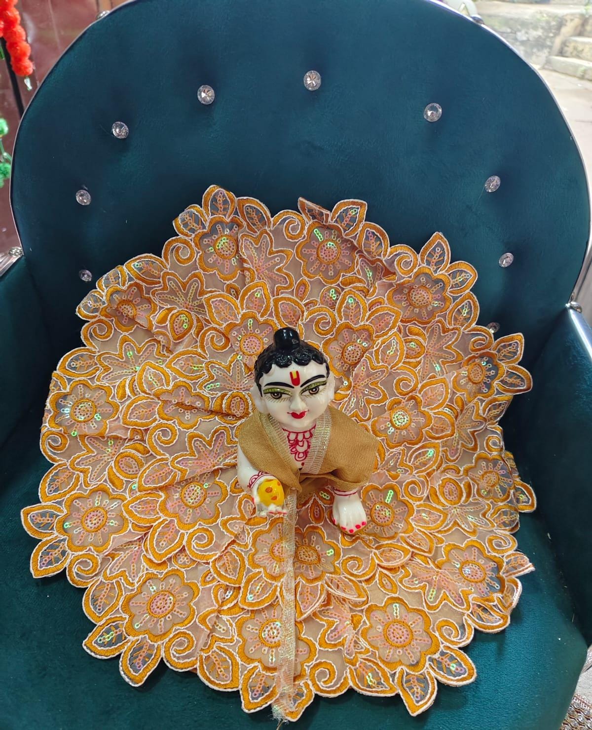 5. Premium Laddu Gopal Floral Embroidered Poshak – Peach Gold